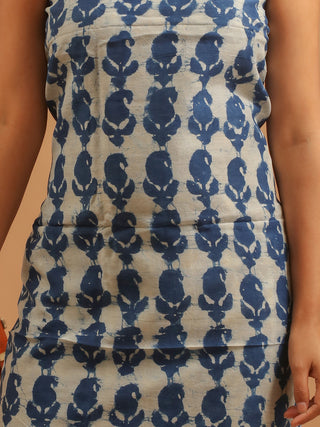 Light Indigo Blue and White Printed Chanderi Silk Dress Material with Dabu Prints