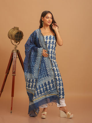 Light Indigo Blue and White Printed Chanderi Silk Dress Material with Dabu Prints