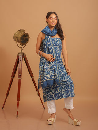 Indigo Blue and White Printed Chanderi Silk Dress Material with Dabu Prints