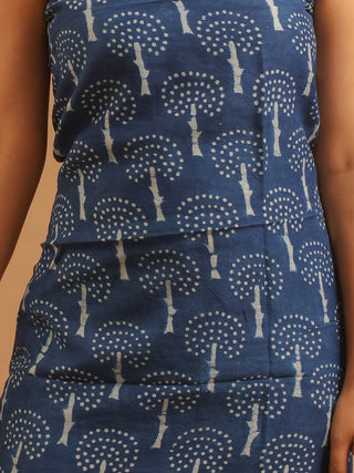 Indigo Blue Printed Chanderi Silk Dress Material with Dabu Prints