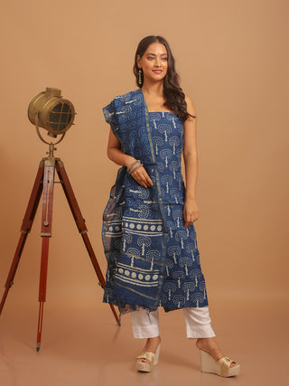 Indigo Blue Printed Chanderi Silk Dress Material with Dabu Prints