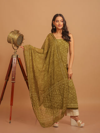 Mehndi-Green Three-Piece Jaipur Cotton Dress Material With Dabu Print