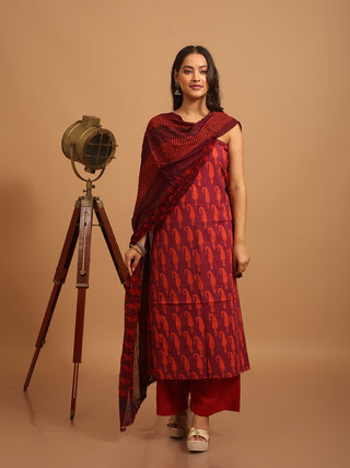 Maroon Three-Piece Jaipur Cotton Dress Material With Dabu Print