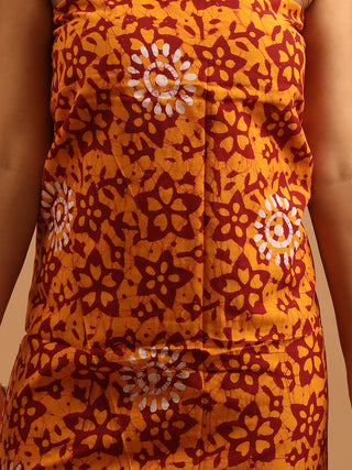 Golden-Yellow And Maroon Three-Piece Jaipur Cotton Dress Material With Dabu Print