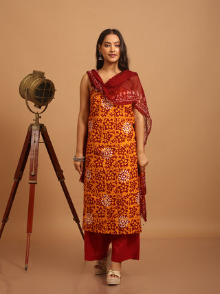 Golden-Yellow And Maroon Three-Piece Jaipur Cotton Dress Material With Dabu Print