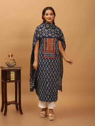 Indigo Blue Three-Piece Jaipur Cotton Dress Material With Dabu Print And Gamthi Patchwork