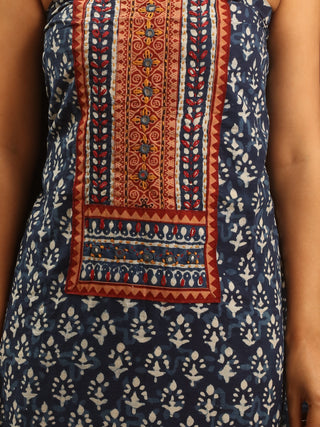 Indigo Blue Three-Piece Jaipur Cotton Dress Material With Dabu Print And Gamthi Patchwork