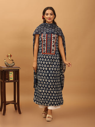 Indigo Blue Three-Piece Jaipur Cotton Dress Material With Dabu Print And Gamthi Patchwork