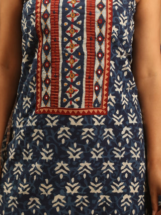 Indigo Blue Three-Piece Jaipur Cotton Dress Material With Dabu Print And Gamthi Patchwork
