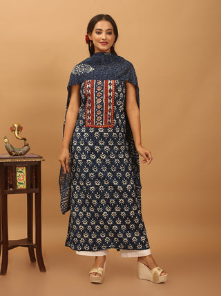 Indigo Blue Three-Piece Jaipur Cotton Dress Material With Dabu Print And Gamthi Patchwork