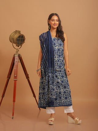 Indigo Blue Three-Piece Jaipur Cotton Dress Material With Dabu Print