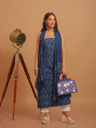 Indigo Blue Three-Piece Jaipur Cotton Dress Material With Dabu Print