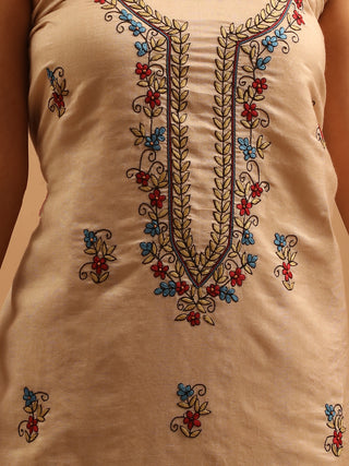 Beige Viscose Katan Silk Kurta Set with Hand Aari Work and Kalamkari Dupatta