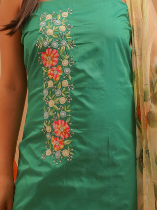 Emerald Green Bangalore Silk Kurta Set with Hand Aari Work and Hand-Painted Chiffon Dupatta