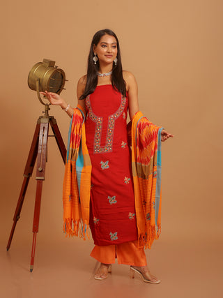 Deep Red Rayon Cotton Kurta Set with Hand Kantha Work and Pure Ikkat Cotton Dupatta