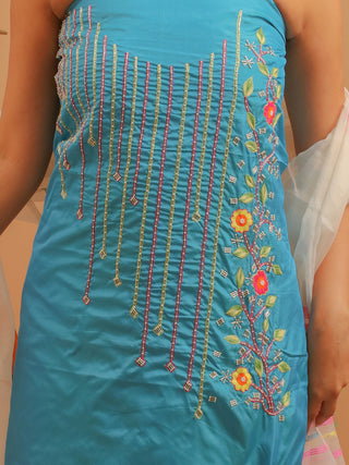 Turquoise Blue Bangalore Silk Kurta Set with Hand Aari Embroidery and Manipuri Silk Innaphi