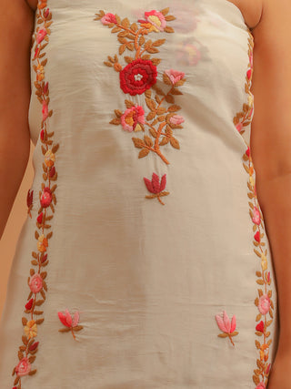 Off-White Indian Crepe Dress Material with Hand Embroidered Roses
