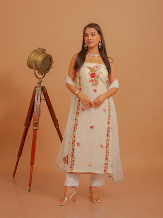 Off-White Indian Crepe Dress Material with Hand Embroidered Roses