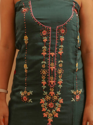 Bottle Green Muslin Dress Material with French Knot and Satin Stitch Hand Embroidery