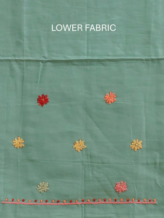 Bottle Green Muslin Dress Material with French Knot and Satin Stitch Hand Embroidery