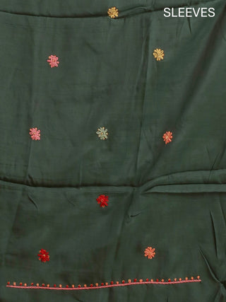 Bottle Green Muslin Dress Material with French Knot and Satin Stitch Hand Embroidery