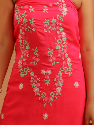 Fuchsia Muslin Dress Material with Hand Aari Embroidery and Pearl Highlights