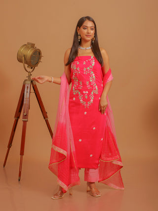 Fuchsia Muslin Dress Material with Hand Aari Embroidery and Pearl Highlights
