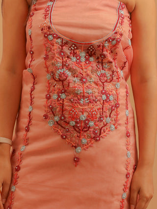 Dark Peach Organza Dress Material with light Teal-Blue Dupatta and Hand Embroidery