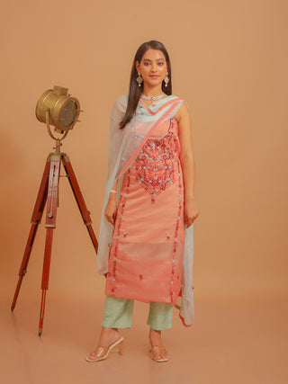 Dark Peach Organza Dress Material with light Teal-Blue Dupatta and Hand Embroidery