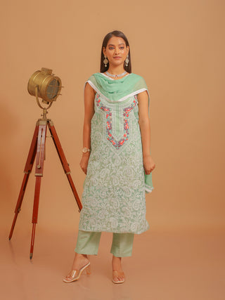 Light Sea-Green Organza Dress Material with Chikankari and Parsi Hand Embroidery