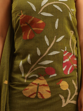 Olive Green Pure Mul Cotton Two-Piece Handwoven Fulia Dress Material With Multicolour Jamdani Weaves