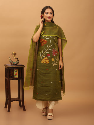 Olive Green Pure Mul Cotton Two-Piece Handwoven Fulia Dress Material With Multicolour Jamdani Weaves