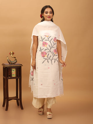 White Pure Mul Cotton Two-Piece Handwoven Fulia Dress Material With Multicolour Jamdani Weaves