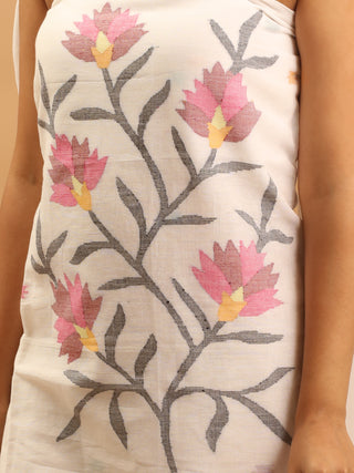 White Pure Mul Cotton Two-Piece Handwoven Fulia Dress Material With Multicolour Jamdani Weaves