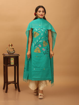 Teal Pure Mul Cotton Two-Piece Handwoven Fulia Dress Material With Multicolour Jamdani Weaves