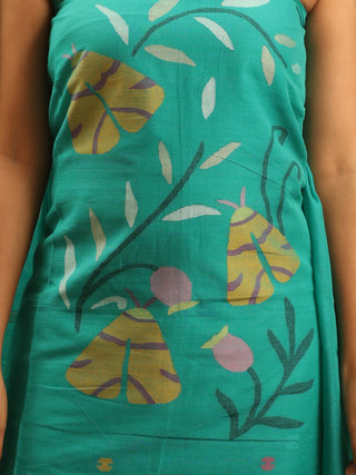 Teal Pure Mul Cotton Two-Piece Handwoven Fulia Dress Material With Multicolour Jamdani Weaves