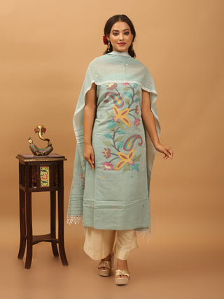 Aquamarine Blue Pure Mul Cotton Two-Piece Handwoven Fulia Dress Material With Multicolour Jamdani Weaves