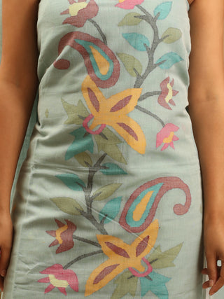 Aquamarine Blue Pure Mul Cotton Two-Piece Handwoven Fulia Dress Material With Multicolour Jamdani Weaves