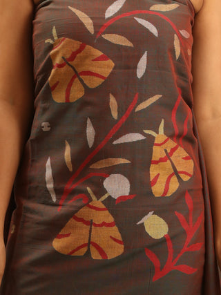 Forest Green And Red Dual Tone Pure Mul Cotton Two-Piece Handwoven Fulia Dress Material With Multicolour Jamdani Weaves