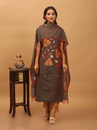 Forest Green And Red Dual Tone Pure Mul Cotton Two-Piece Handwoven Fulia Dress Material With Multicolour Jamdani Weaves