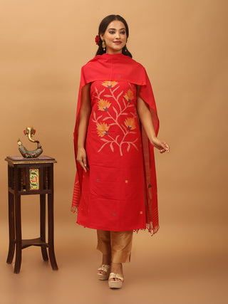 Red Pure Mul Cotton Two-Piece Handwoven Fulia Dress Material With Multicolour Jamdani Weaves