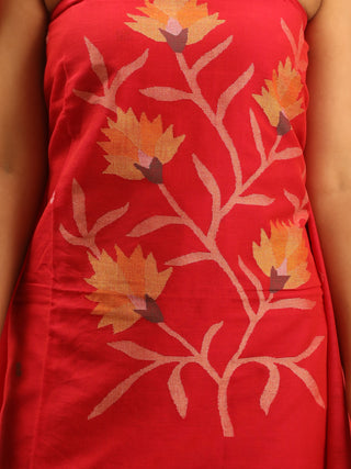 Red Pure Mul Cotton Two-Piece Handwoven Fulia Dress Material With Multicolour Jamdani Weaves