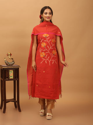 Tomato Red Pure Mul Cotton Two-Piece Handwoven Fulia Dress Material With Multicolour Jamdani Weaves