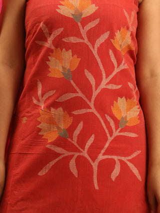Tomato Red Pure Mul Cotton Two-Piece Handwoven Fulia Dress Material With Multicolour Jamdani Weaves