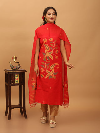 Red Pure Mul Cotton Two-Piece Handwoven Fulia Dress Material With Multicolour Jamdani Weaves