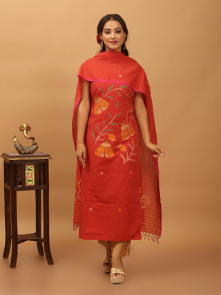 Tomato Red Pure Mul Cotton Two-Piece Handwoven Fulia Dress Material With Multicolour Jamdani Weaves