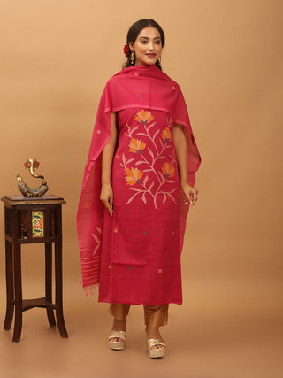 Magenta Pure Mul Cotton Two-Piece Handwoven Fulia Dress Material With Multicolour Jamdani Weaves
