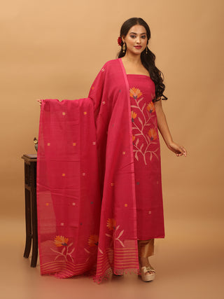 Magenta Pure Mul Cotton Two-Piece Handwoven Fulia Dress Material With Multicolour Jamdani Weaves