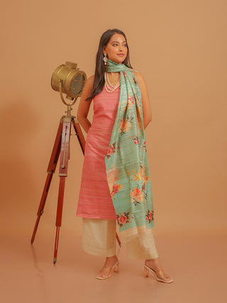 Coral Pink Ghicha Tussar Silk Kurta with Floral Digital Print Dupatta And Katan Slub Lower