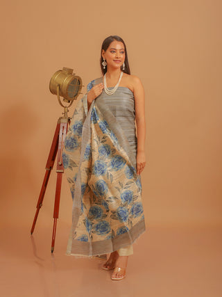 Grey Ghicha Tussar Silk Kurta with Blue Rose Digital Print Dupatta And Katan Slub Lower